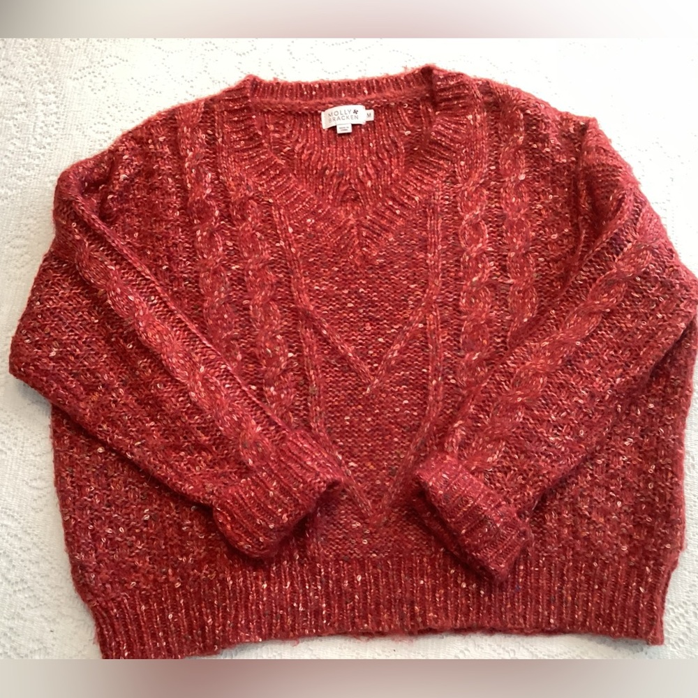 Molly Bracken Orange-Red V-Neck Heather Cable Knit Sweater